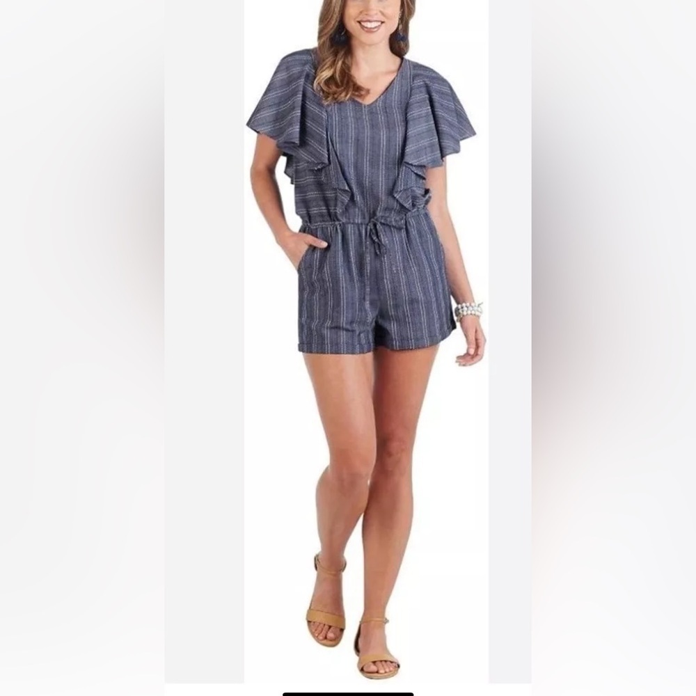 Mud Pie Romper Womens XS Isla (3”) Shorts Blue Chambray Stitched Stripe Ruffles
